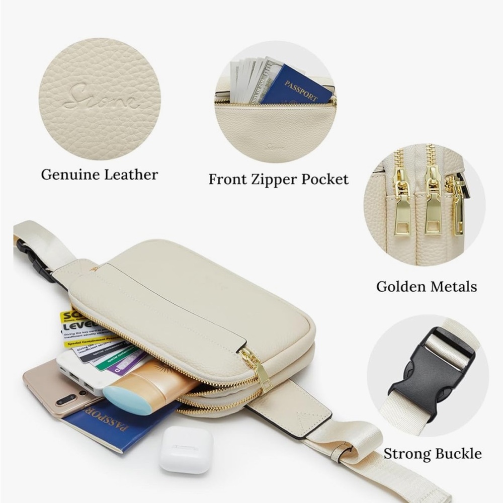 S-Zone Genuine Leather RFID Blocking Fanny Pack in Off White/Cream. - Picture 5 of 14